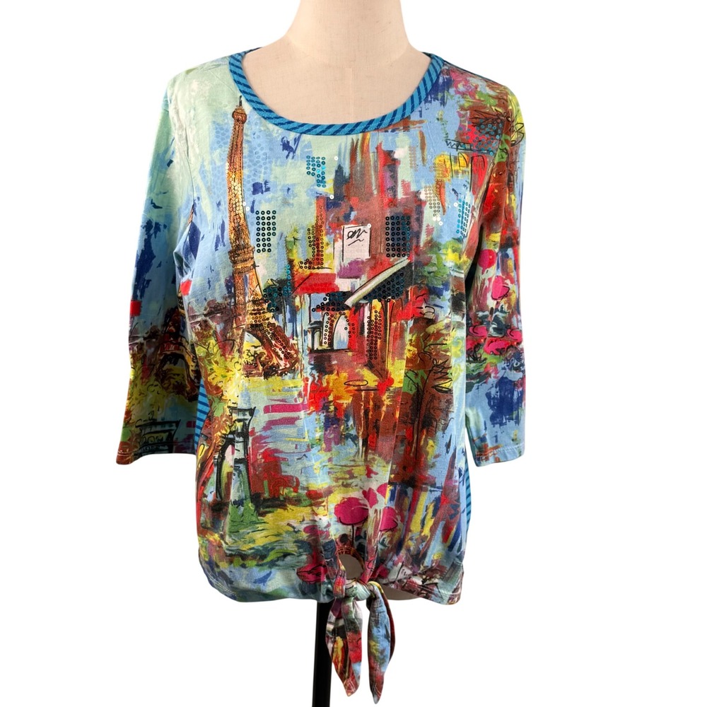 Onque Casual Womens L 3/4 Sleeve Top Blue Paris Graphic Tie Front Art To Wear